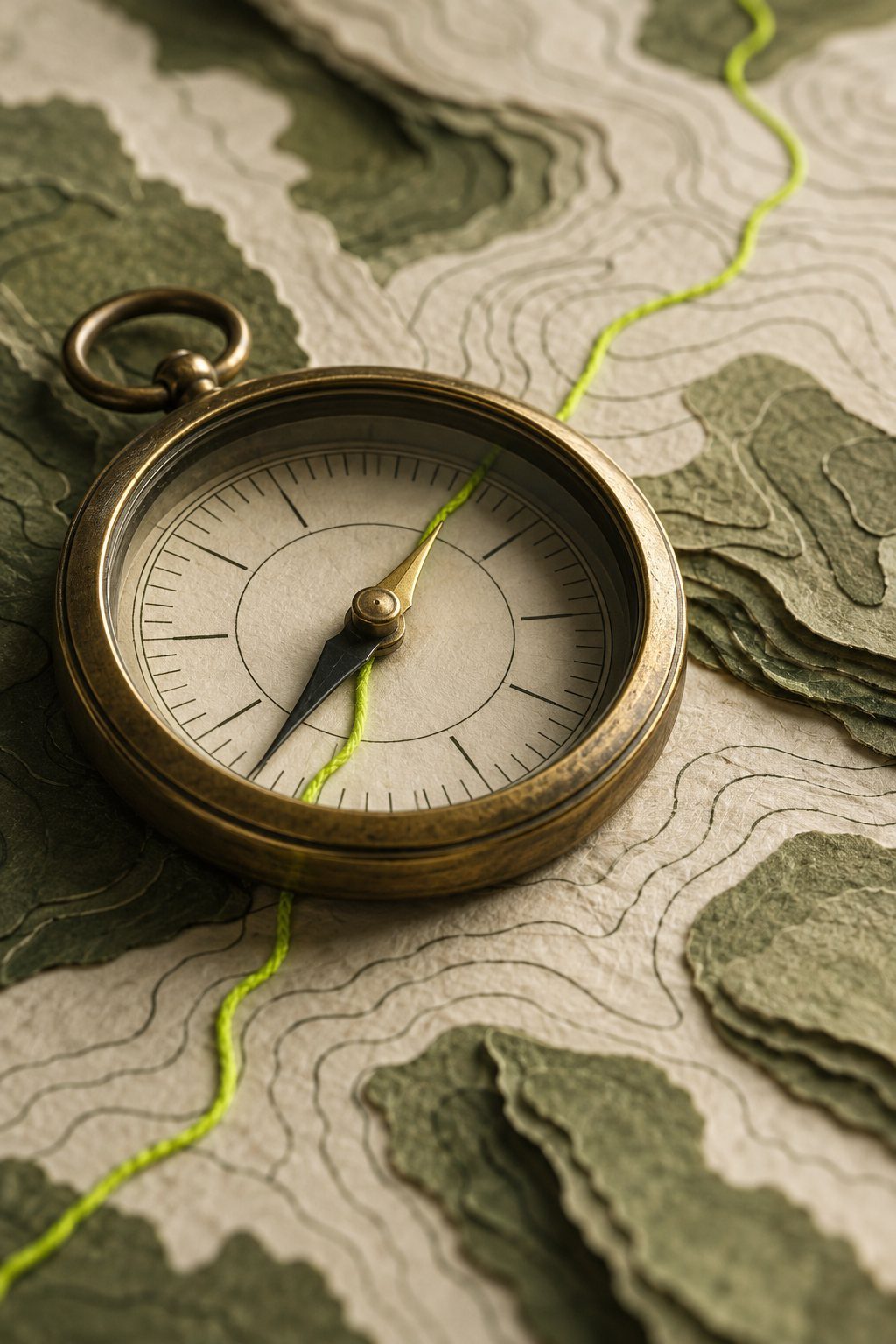 A compass on a paper contour map with a lime trail