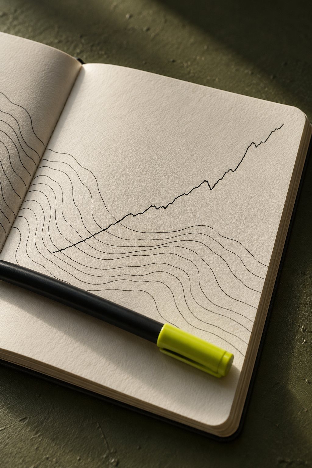 An open notebook with a rising line and a lime pen