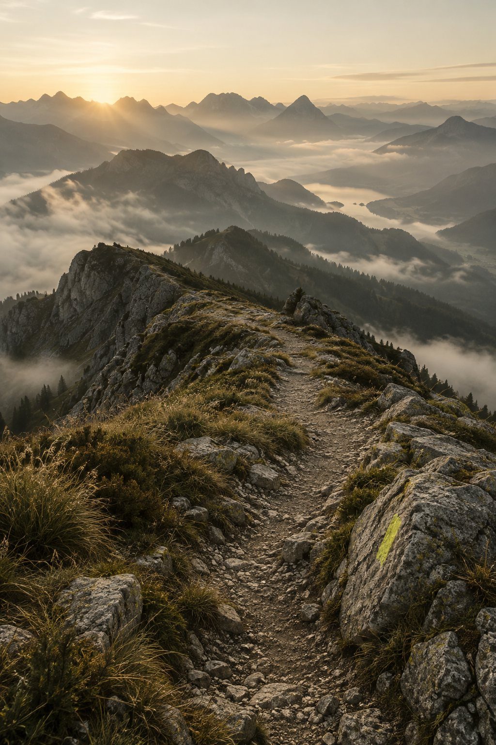 A trail between rocks on a ridge above the clouds